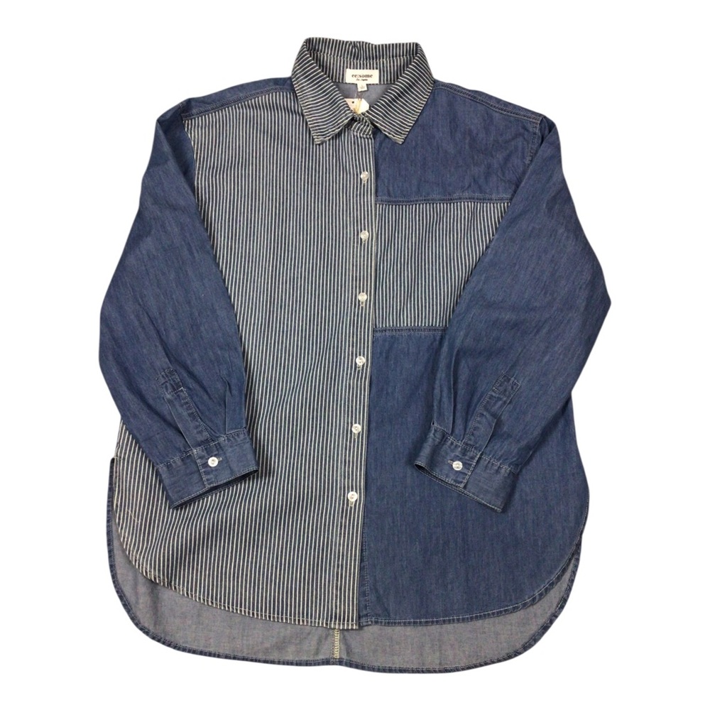 NWT ee:some Striped Solid Denim Patchwork Button-Up Shirt Blue